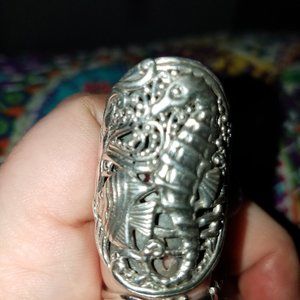 Large, ornate, artistic, SHINY seahorse fish sea life ring sterling